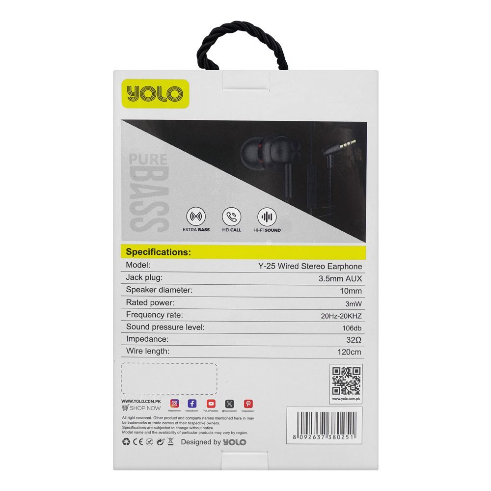 Yolo Wired Aux Earphone, Handsfree, Black, Y-25